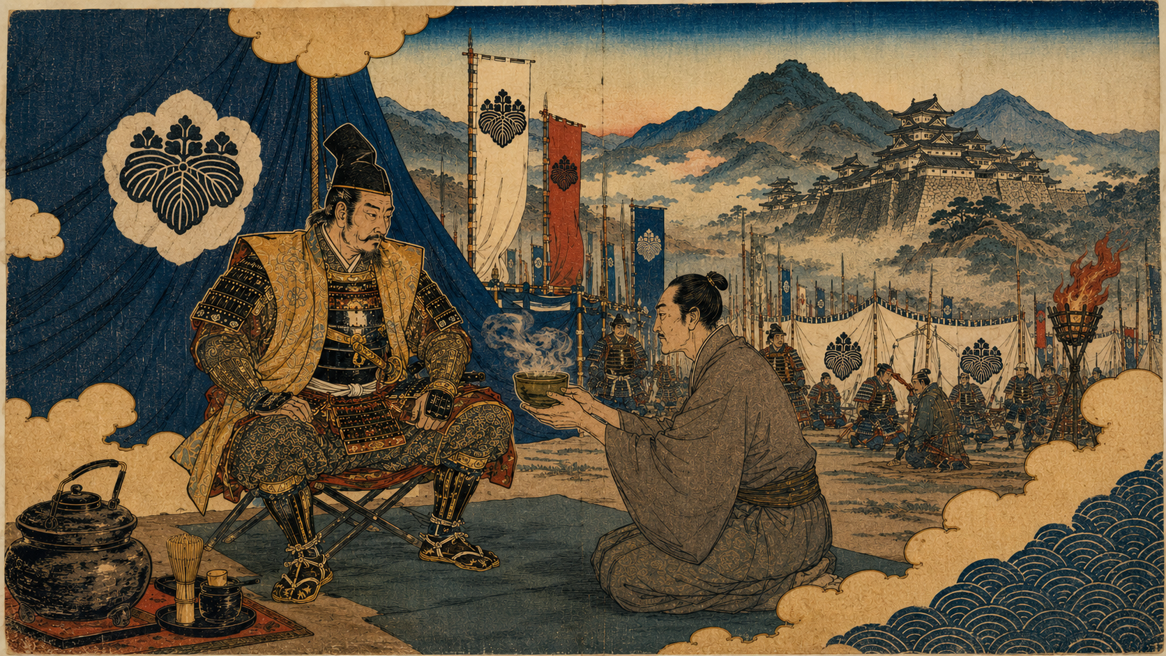 天正年間、鳥取城攻めの陣中で先祖が秀吉に茶を点てた逸話を描いた浮世絵